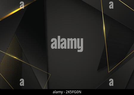 Luxury black overlap layers background with gold line effect. Realistic halftone dots on textured dark background Stock Vector