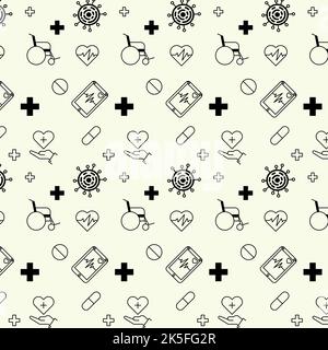 medical pattern with wheelchair heart monitor pills hand virus crosses Stock Vector