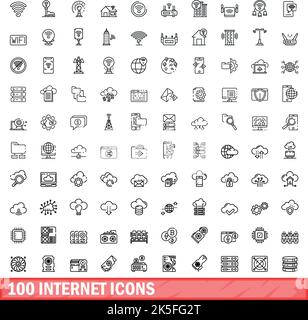 100 internet icons set. Outline illustration of 100 internet icons vector set isolated on white background Stock Vector