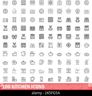 100 kitchen icons set. Outline illustration of 100 kitchen icons vector set isolated on white background Stock Vector