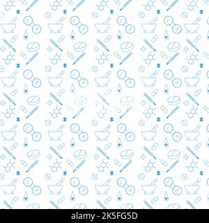 medical pattern with pills mortar and pestle thermometer drops lens case crosses molecules Stock Vector