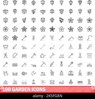 100 garden icons set. Outline illustration of 100 garden icons vector set isolated on white background Stock Vector