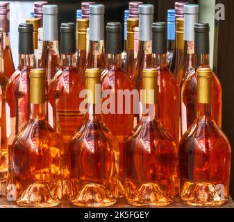 Closeup of liqueur and wine bottles Stock Photo
