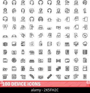 100 device icons set. Outline illustration of 100 device icons vector set isolated on white background Stock Vector