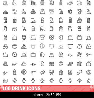 100 drink icons set. Outline illustration of 100 drink icons vector set isolated on white background Stock Vector