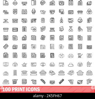100 print icons set. Outline illustration of 100 print icons vector set isolated on white background Stock Vector