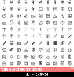 100 electricity icons set. Outline illustration of 100 electricity icons vector set isolated on white background Stock Vector