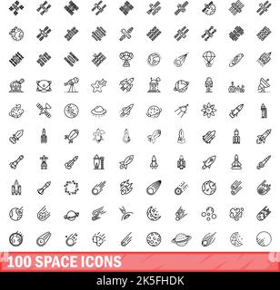 100 space icons set. Outline illustration of 100 space icons vector set isolated on white background Stock Vector