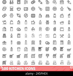 100 kitchen icons set. Outline illustration of 100 kitchen icons vector set isolated on white background Stock Vector