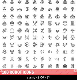 100 robot icons set. Outline illustration of 100 robot icons vector set isolated on white background Stock Vector