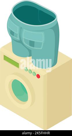 Machine wash icon isometric vector. Grey cropped jeans on washing machine icon. Laundry, washing, housework Stock Vector