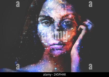 Abstract beauty. Portrait of a beautful woman with the stars overlaid on her. Stock Photo