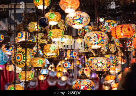 Turkey. Market With Many Traditional Colorful Handmade Turkish Lamps And Lanterns. Lanterns Hanging In Shop For Sale. Popular Souvenirs From Turkey. Stock Photo