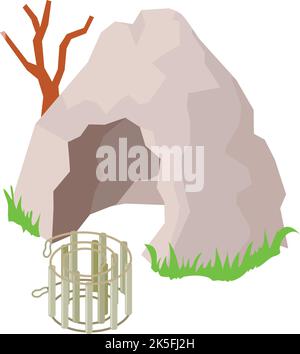 Speleological equipment icon isometric vector. Cave entrance and caving ladder. Caving equipment, spelunking Stock Vector