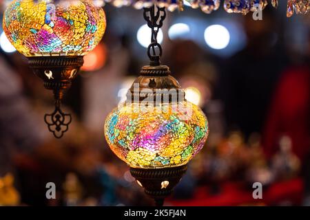 Turkey. Market With Many Traditional Colorful Handmade Turkish Lamps And Lanterns. Lanterns Hanging In Shop For Sale. Popular Souvenirs From Turkey. Stock Photo