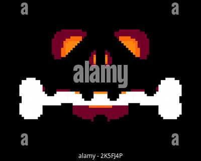 Halloween carved face with a bone in its mouth in pixel art style. Evil scary face in style of 8-bit video game graphics from the 80s. Design for gree Stock Vector