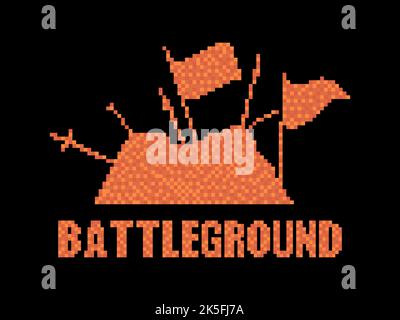 Medieval battleground in pixel art style. Battlefield in the style of 80s video game 8-bit graphics. After the battle. Design for greeting card, apps Stock Vector