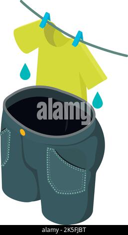 Drying linen icon isometric vector. Wet tshirt on clothesline and denim breeches. Laundry, drying, household Stock Vector