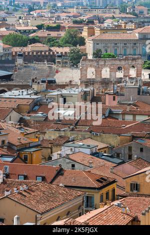 Verona Italy aerial, view across the historic city center of Verona showing the Roman Arena surrounded by Renaissance era buildings, Veneto Italy Stock Photo