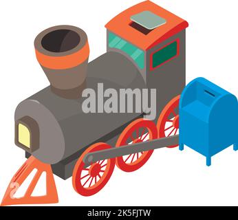 Railroad travel icon isometric vector. Old retro locomotive and postbox icon. Correspondence delivery, retro transport Stock Vector