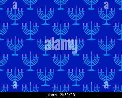 Pixelated menorah with nine Hanukkah candles seamless pattern. Happy Hanukkah greeting card in pixel art style. Menorah in the style of 8-bit video ga Stock Vector