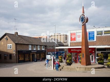 The centre of Kettering town showing the modern clock tower and the emptyness of the streets even at lunchtime Stock Photo