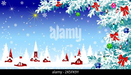 Christmas night. Village covered in snow. Christmas tree decorated with a garland and bows. Shining star. Snowflakes in the sky. Stock Vector