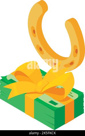 Luck concept icon isometric vector. Golden horseshoe stack of dollar banknote. Luck, winning, income Stock Vector