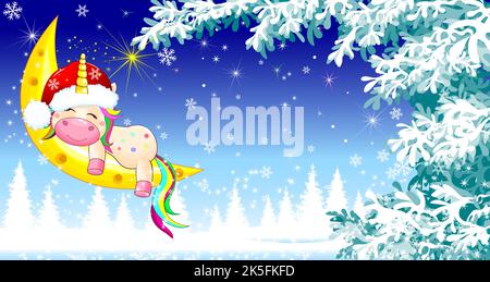 Baby unicorn sleeps on the moon against the backdrop of a winter snowy forest on Christmas night. A Christmas star is shining in the sky. Snowflakes a Stock Vector