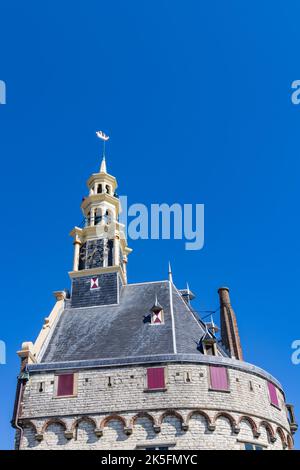 Cityscape of Hoorn with Main tower or Hoofdtoren with blue sky in harbor at Markerrmeer in Hoorn North Holland in The Netherlands Stock Photo