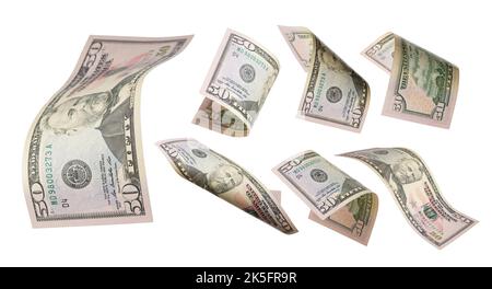 50 dollars flying on white background. USA banknotes at different angles. Front side Stock Photo