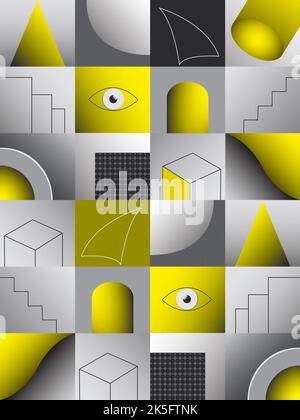 Pattern with square tiles. Grey and yellow collection of icons, signs, geometric elements. Stock Photo