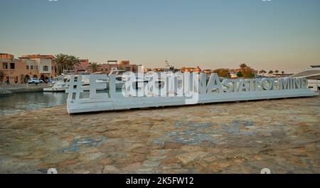 Abu Tig Marina in El Gouna, Hurghada, Red Sea Governorate, Egypt day light view  showing hashtag El Gouna state of mind Stock Photo