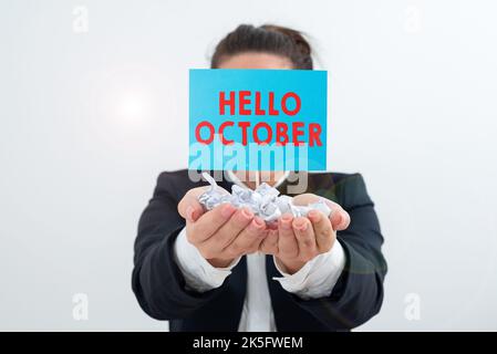 Conceptual display Hello October. Word Written on greeting used when welcoming the 10th month of the year Stock Photo