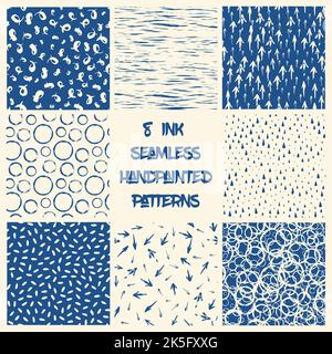 Set of 8 seamless patterns. Hand painted with ink and brush. Geometric tileable graphic design elements for scrapbook, invitation, web wallpaper, book Stock Vector