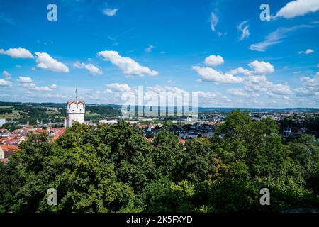 Germany, Panorama view ravensburg city skyline beautiful village in summer with blue sky and sun above roofs Stock Photo