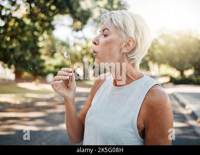 Senior woman blowing dandelion flower outdoors for freedom, hope and spring allergies environment. Elderly retirement lady holding plant for wellness Stock Photo