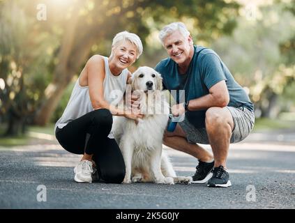 Happy senior couple, walking dog in nature park and smile bonding with their golden retriever together. Healthy living in retirement, being physically Stock Photo