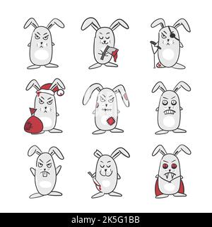 Set of funny rabbits. Evil characters - stickers on white background. Symbol of 2023. Can be used for Halloween and New Year postcard design. Stock Vector