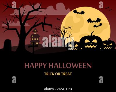 Happy Halloween background with a picture of a pumpkin, the night sky, the moon and the atmosphere of Halloween. Night silhouettes of bats on a backgr Stock Vector