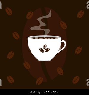 A Cup of coffee with a spreading aroma on a dark brown background. Stock Vector