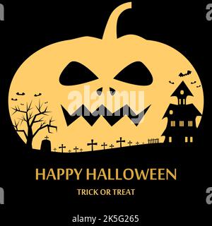 Happy Halloween background with pumpkin in the sky at the place of the moon and the atmosphere of Halloween. Night silhouette of a cemetery, crosses a Stock Vector