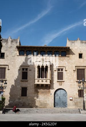 Vilafranca del Penedes, Catalonia, Spain - April 26, 2022: Ancient buildings, historic center, gothic style Palace Balta Stock Photo