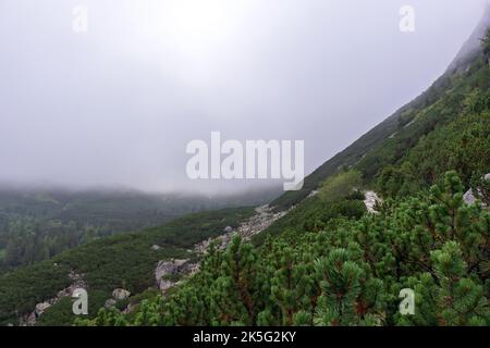 The sun behind the clouds as a landscape image with a view of the green stone mountains in the Polish Tatras Stock Photo