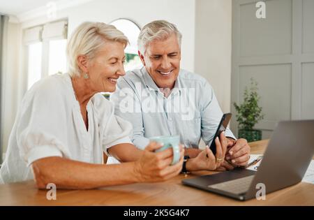 Senior, couple and online computer communication video call or bills budget planning at home. Elderly woman and man with a happy smile using internet Stock Photo