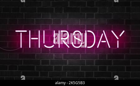 Thursday purple neon sign on brick wall. Day of week. Stock Photo