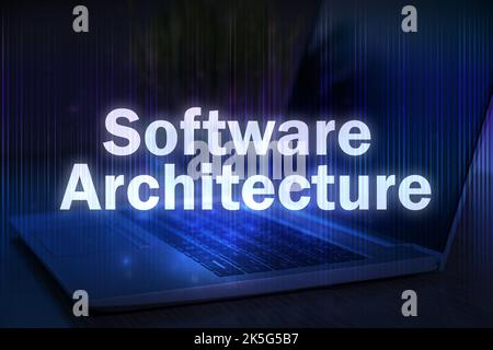 Software Architecture text on blue technology background with laptop. Stock Photo