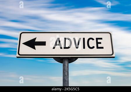 Advice arrow sign on blue sky background. Get advice, help, support. Stock Photo