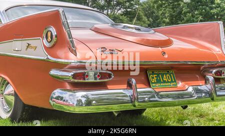 GROSSE POINTE SHORES, MI/USA - JUNE 21, 2015: A 1959 Plymouth Sport Fury car, EyesOn Design car show, Edsel & Eleanor Ford House, near Detroit. Stock Photo