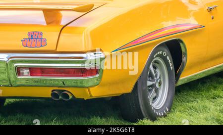 GROSSE POINTE SHORES, MI/USA - JUNE 21, 2015: A 1970 Pontiac GTO 'The Judge' car (named from a Sammy Davis, Jr. TV show 'Rowan & Martin's Laugh-In'. Stock Photo
